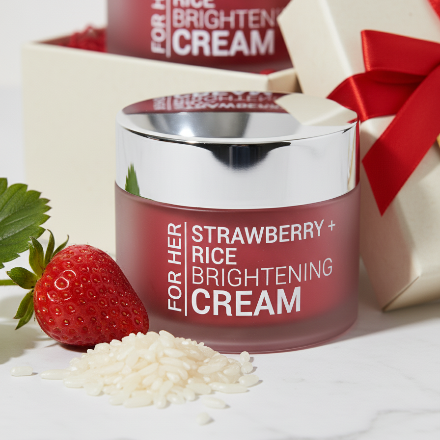 Strawberry and rice brightening cream with a strawberry and gift box on a white background