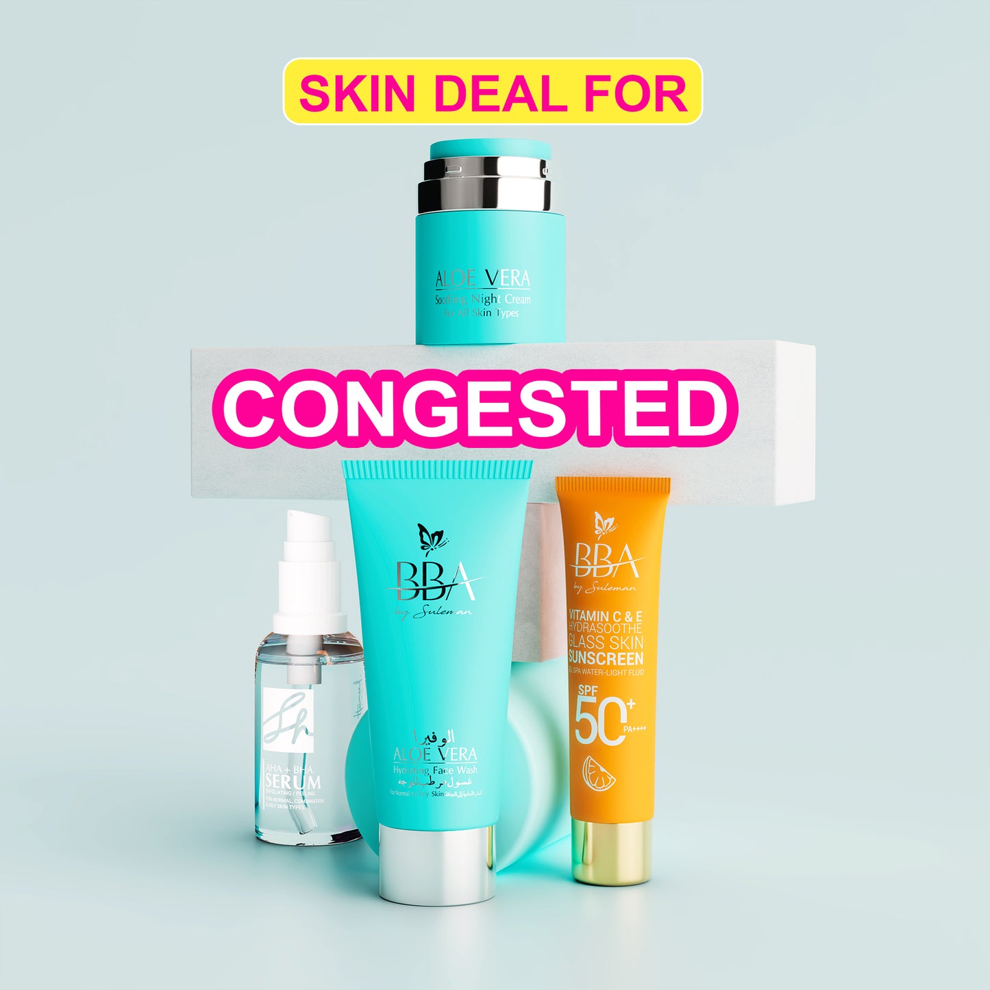 FOR CONGESTED SKIN DEAL (ALOE VERA - SOOTHING NIGHT CREAM, ALOE VERA HYDRATING FACE WASH, SH AHA+ BHA EXFOLIATING/PEELING SERUM, Vitamin C & E Sunscreen SPF 50+ PA++++ )