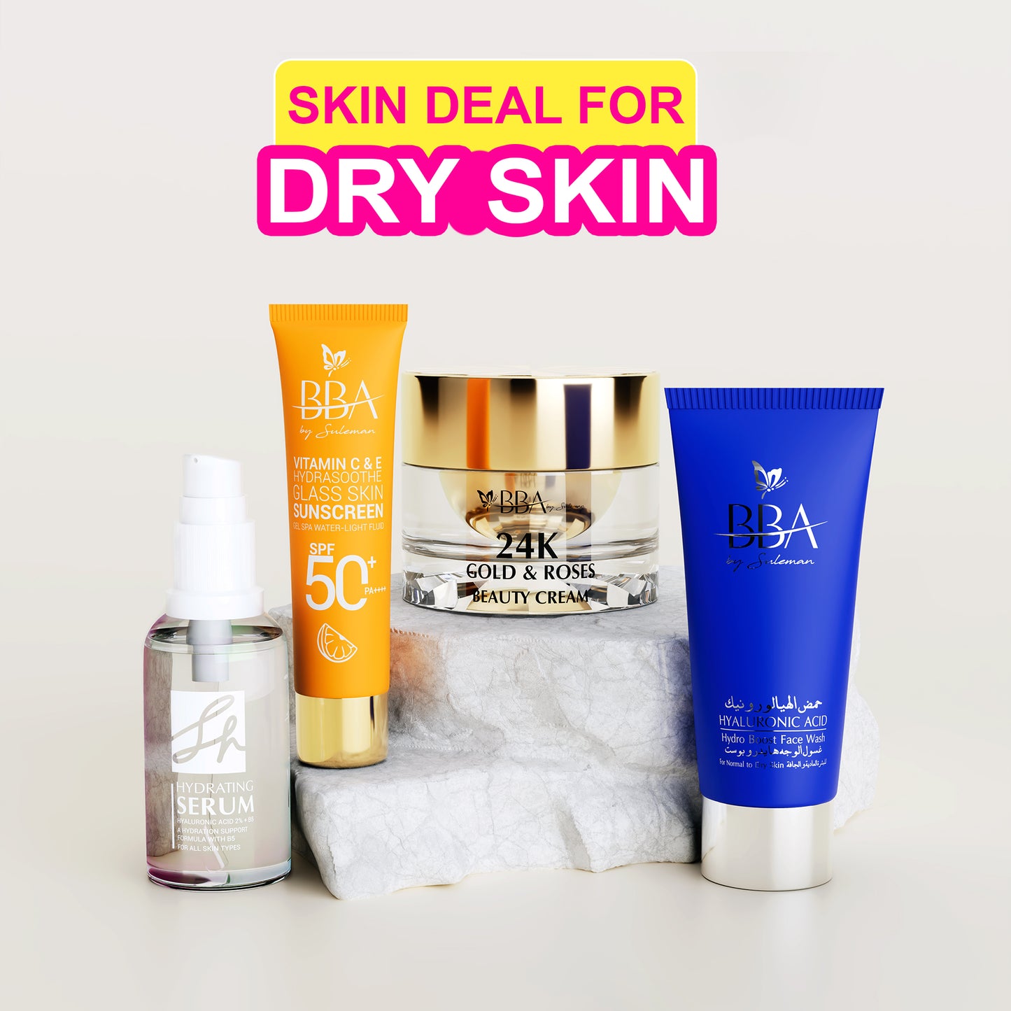 FOR DRY & DEHYDRATED SKIN DEAL (Vitamin C & E Sunscreen SPF 50+ PA++++, HYALURONIC ACID- Hydro Boost Face Wash, SH Hydrating Serum,24K Gold & Roses Beauty Cream)
