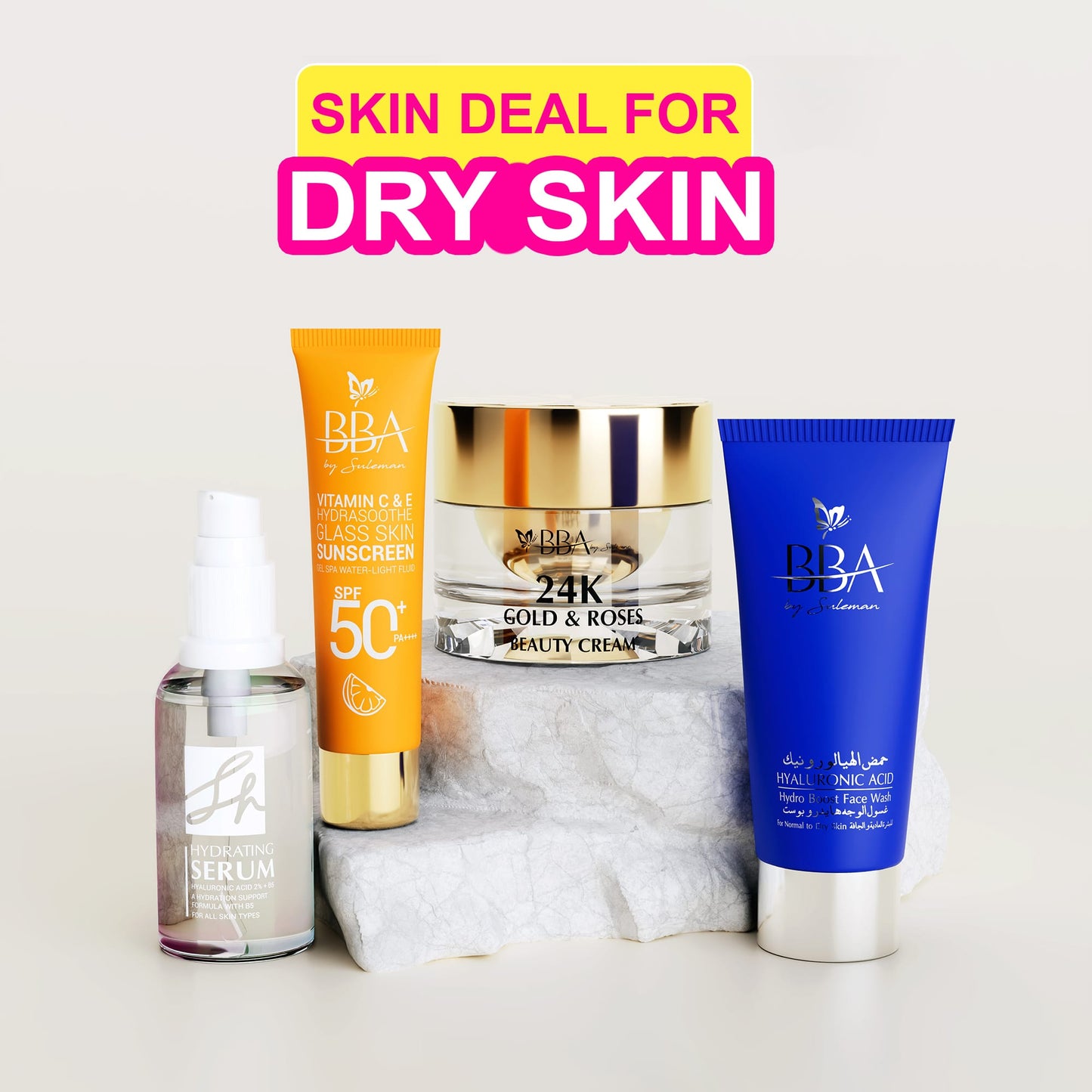FOR DRY & DEHYDRATED SKIN DEAL (Vitamin C & E Sunscreen SPF 50+ PA++++, HYALURONIC ACID- Hydro Boost Face Wash, SH Hydrating Serum,24K Gold & Roses Beauty Cream)