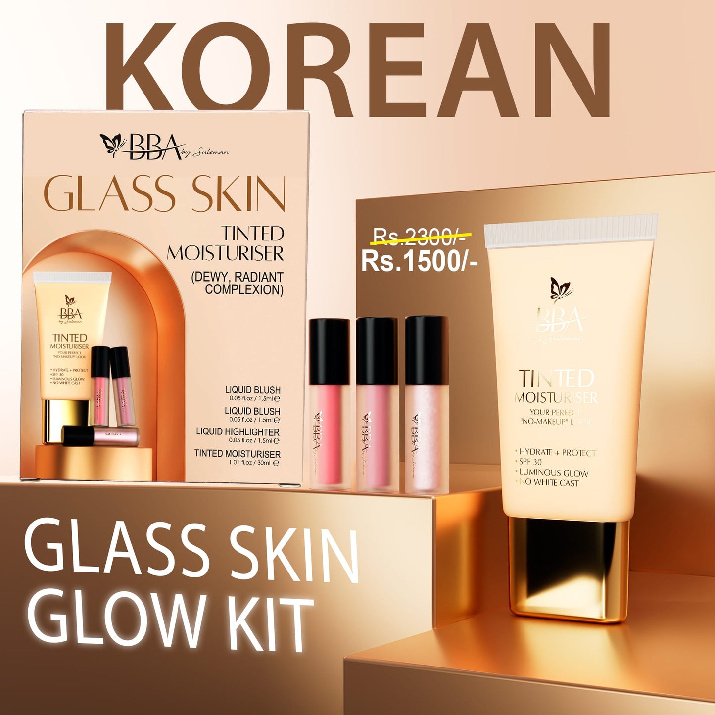 deal Korean Glass Skin Glow Kit | Tinted Moisturizer + Blush + Highlighter | BBA Skincare Pakistan