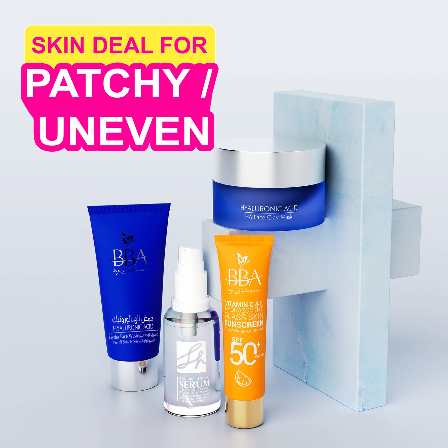 FOR PATCHY/UNEVEN SKIN DEAL ( Vitamin C & E Sunscreen SPF 50+ PA++++, Hydra Face Wash (For all Skin types), SH SKIN BRIGHTENING SERUM,HA Face-Clay Mask)