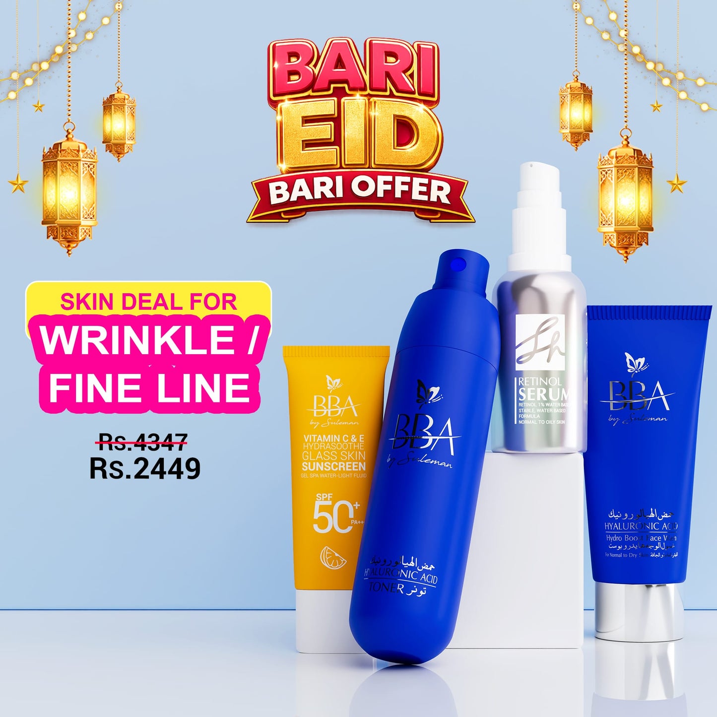 FOR WRINKLES & FINE LINES DEAL(SH Retinol Night Serum, HYALURONIC ACID- Hydro Boost Face Wash, HYALURONIC ACID - TONER, Vitamin C & E Sunscreen SPF 50+ PA++++)