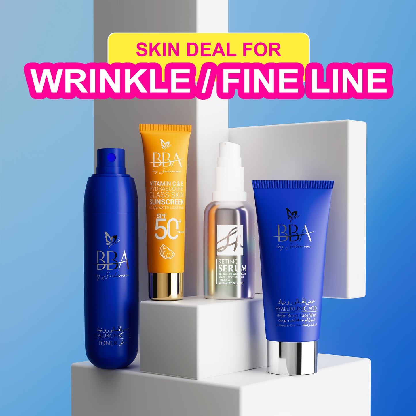 FOR WRINKLES & FINE LINES DEAL(SH Retinol Night Serum, HYALURONIC ACID- Hydro Boost Face Wash, HYALURONIC ACID - TONER, Vitamin C & E Sunscreen SPF 50+ PA++++)