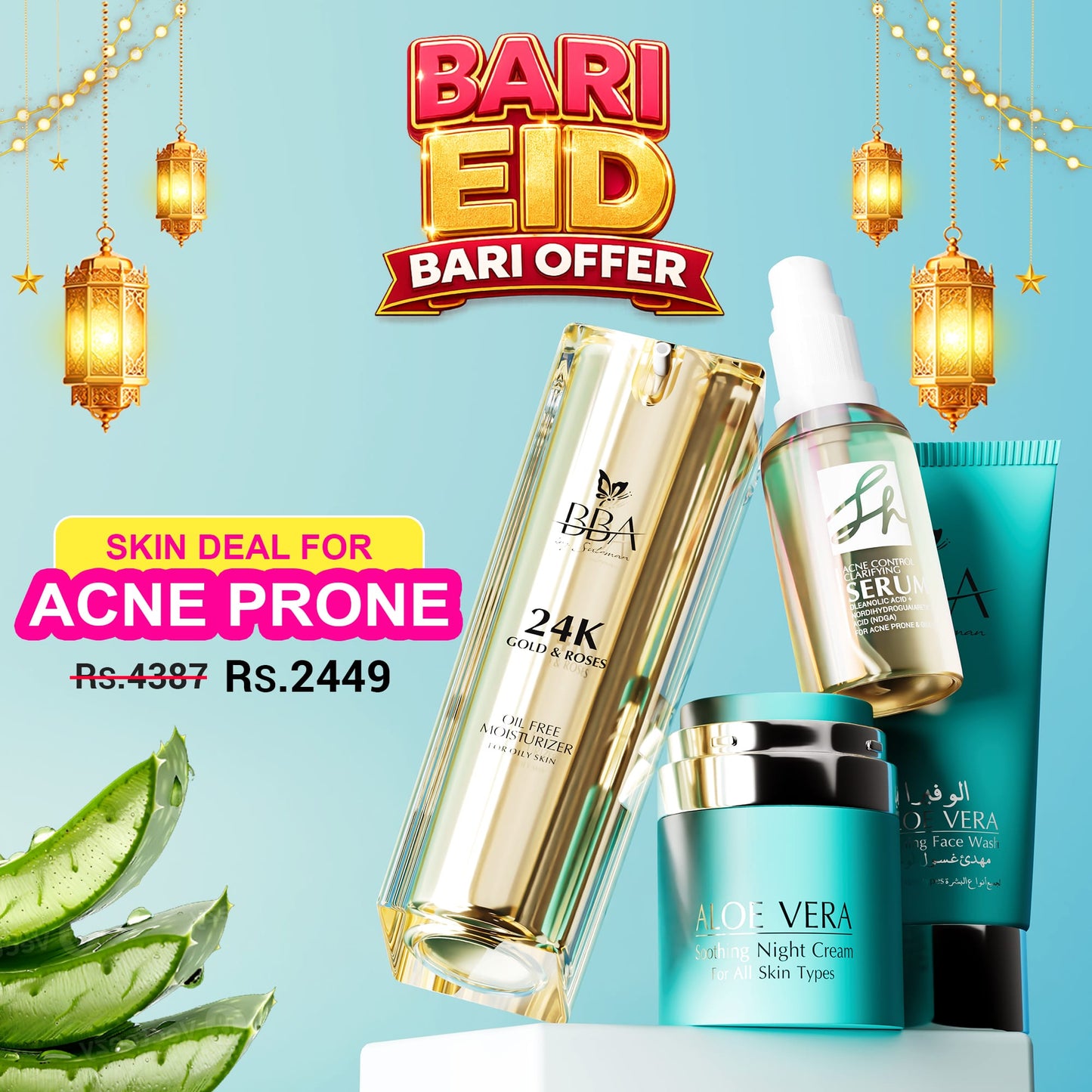 FOR ACNE PRONE SKIN DEAL( ALOE VERA - CALMING FACE WASH, SH Acne Control Clarifying Serum, ALOE VERA - SOOTHING NIGHT CREAM, 24K Gold &amp; Roses Oil Free Moisturizer)