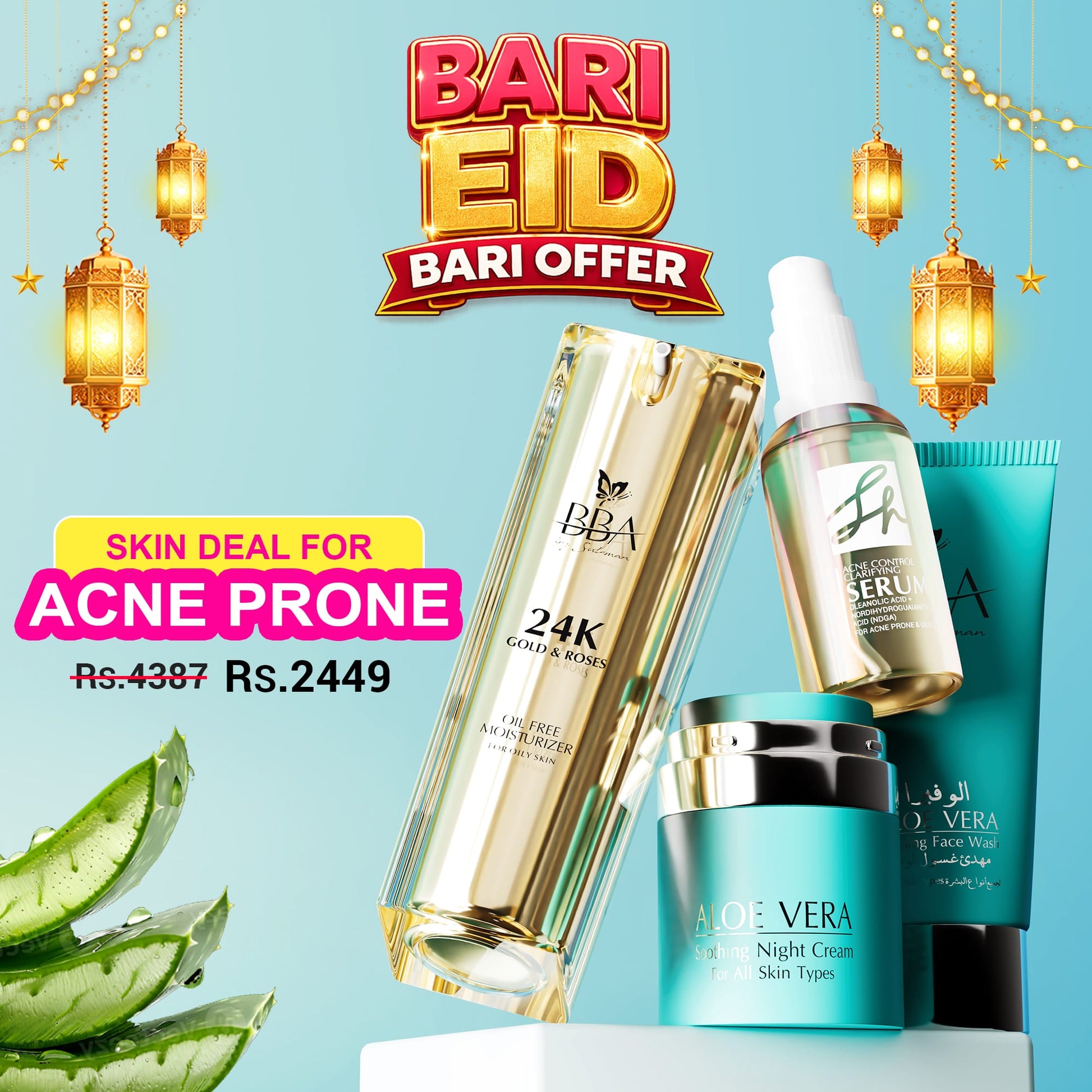 FOR ACNE PRONE SKIN DEAL( ALOE VERA - CALMING FACE WASH, SH Acne Control Clarifying Serum, ALOE VERA - SOOTHING NIGHT CREAM, 24K Gold &amp; Roses Oil Free Moisturizer)