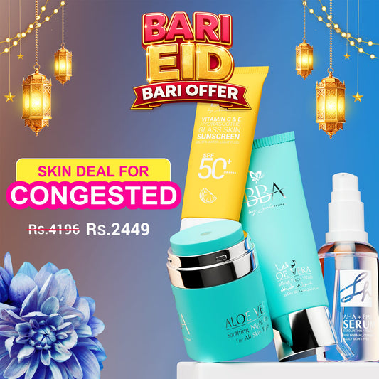 FOR CONGESTED SKIN DEAL (ALOE VERA - SOOTHING NIGHT CREAM, ALOE VERA HYDRATING FACE WASH, SH AHA+ BHA EXFOLIATING/PEELING SERUM, Vitamin C & E Sunscreen SPF 50+ PA++++ )
