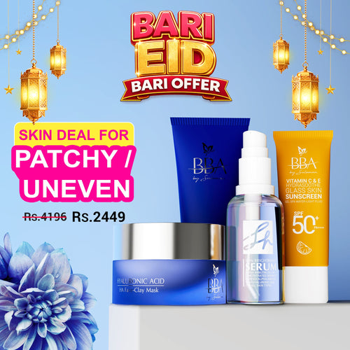 FOR PATCHY/UNEVEN SKIN DEAL ( Vitamin C & E Sunscreen SPF 50+ PA++++, Hydra Face Wash (For all Skin types), SH SKIN BRIGHTENING SERUM,HA Face-Clay Mask)