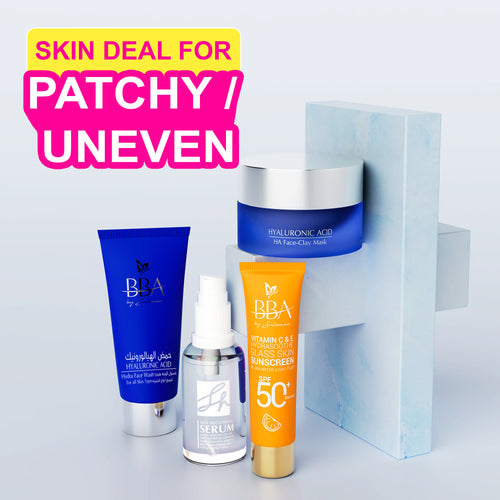 FOR PATCHY/UNEVEN SKIN DEAL ( Vitamin C & E Sunscreen SPF 50+ PA++++, Hydra Face Wash (For all Skin types), SH SKIN BRIGHTENING SERUM,HA Face-Clay Mask)