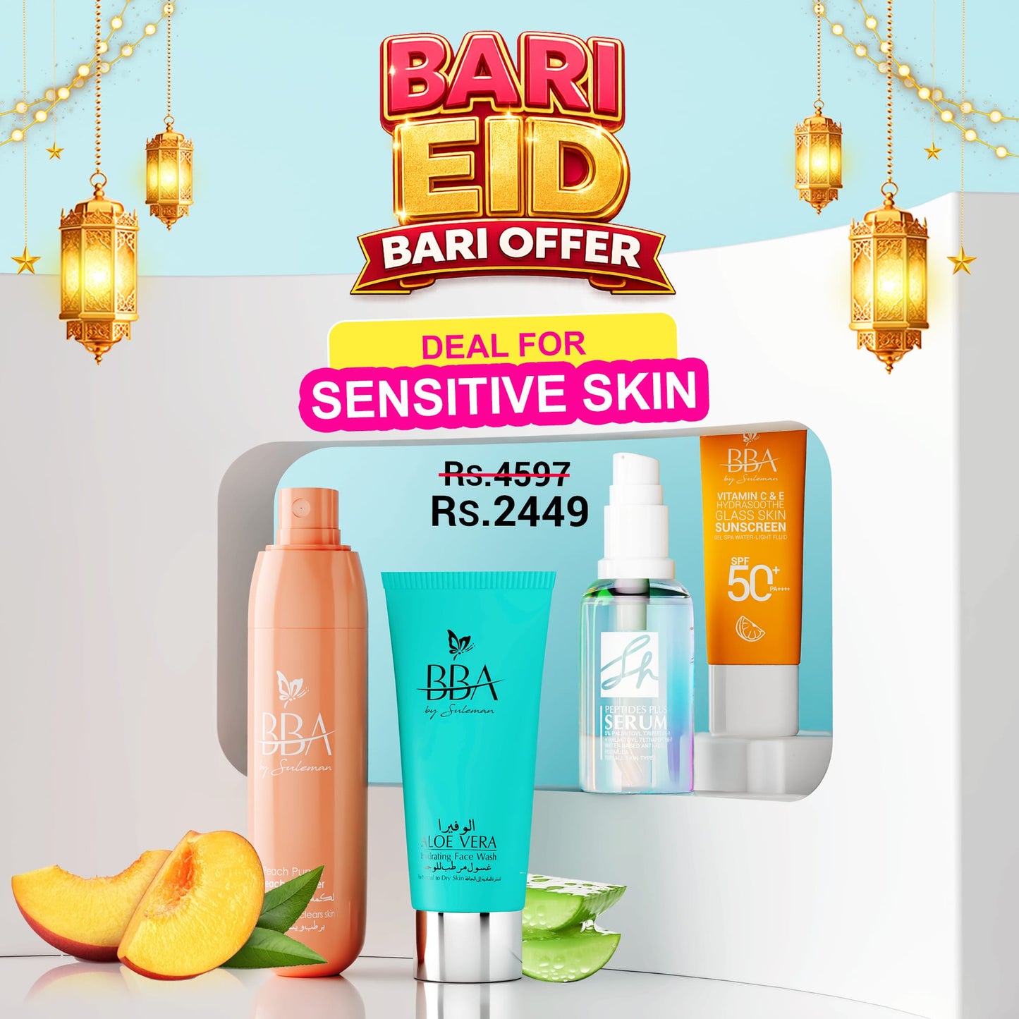 SENSITIVE SKIN DEAL(ALOE VERA HYDRATING FACE WASH, SH Peptides Plus Serum, Vitamin C & E Sunscreen SPF 50+ PA++++, Peach Punch Peach-it Toner)